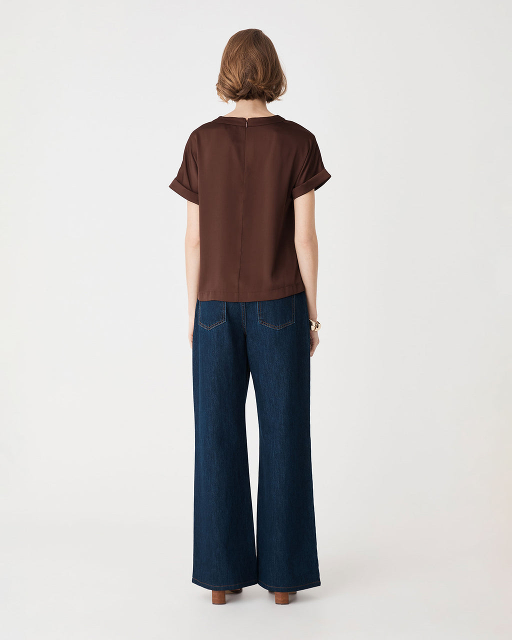 Cameron Satin Tee in fudge — back view