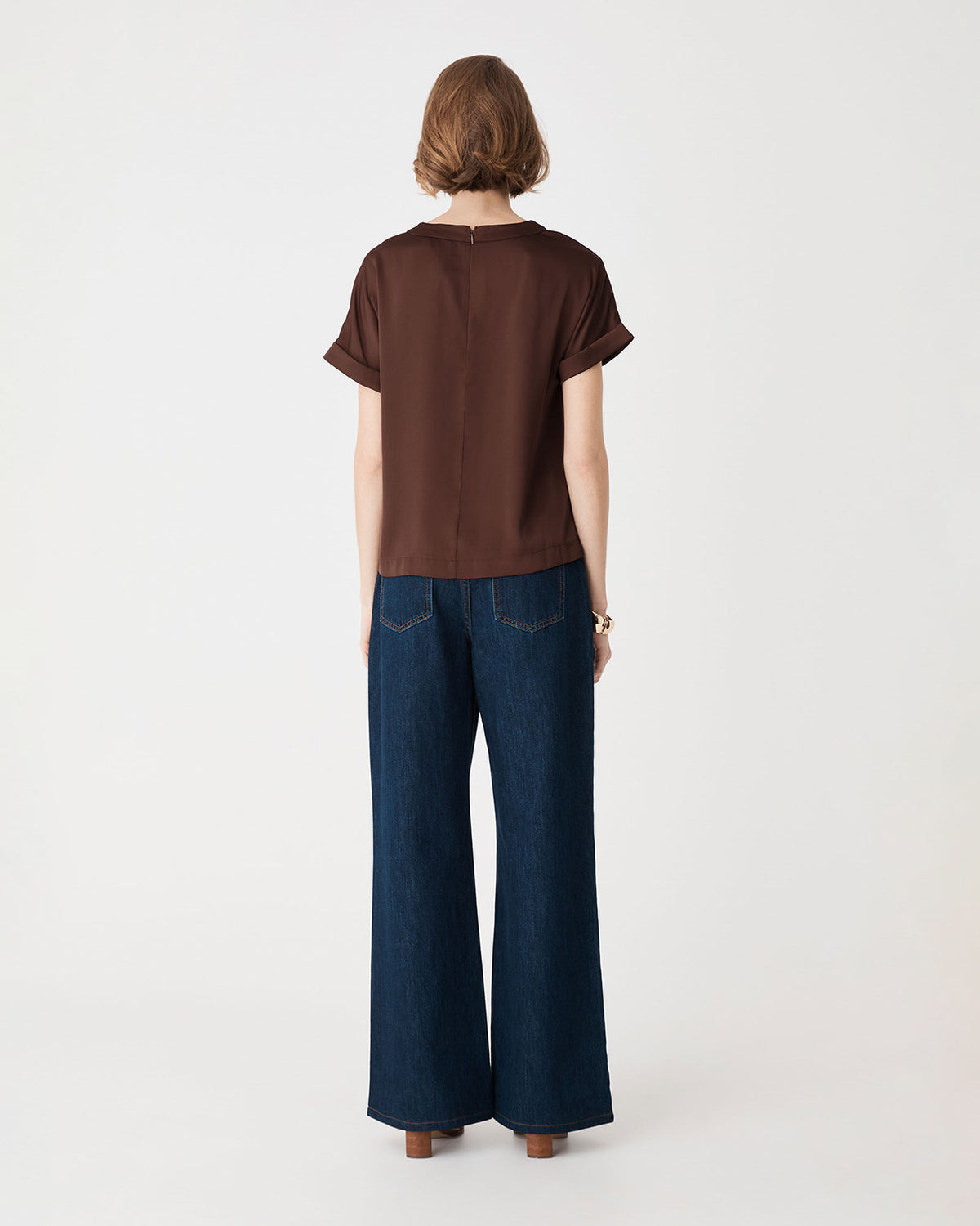 Cameron Satin Tee in fudge — back view