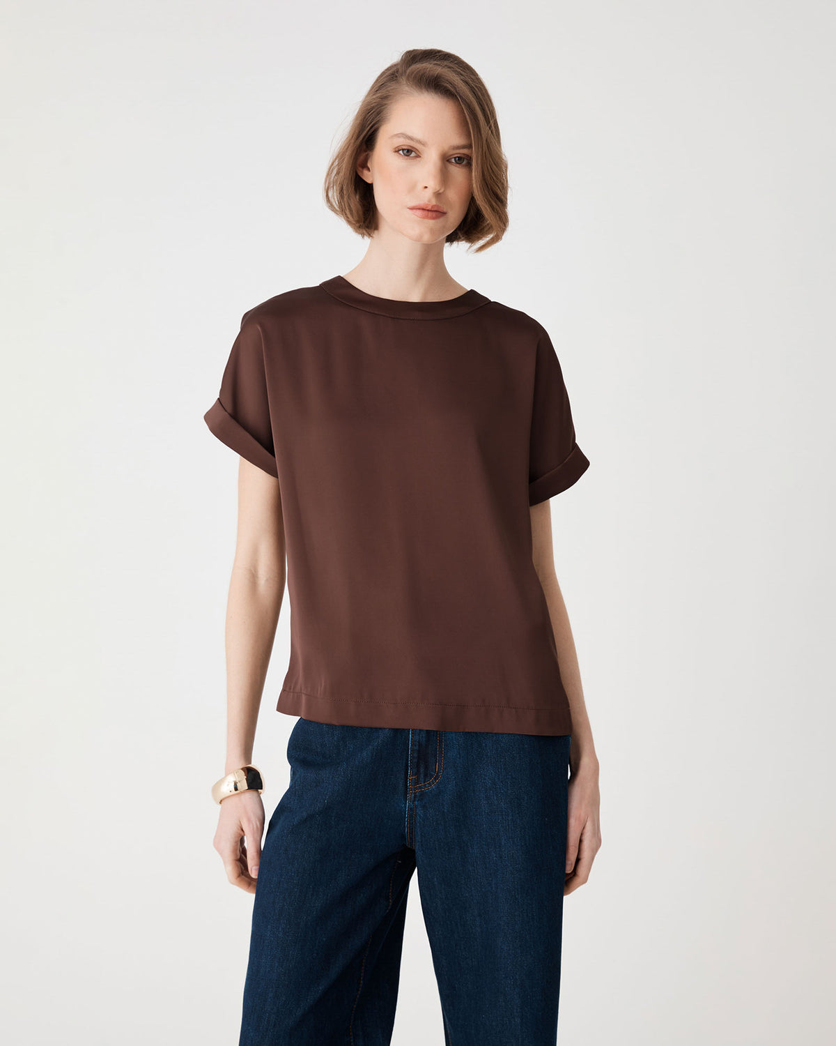 Cameron Satin Tee in fudge — close-up view