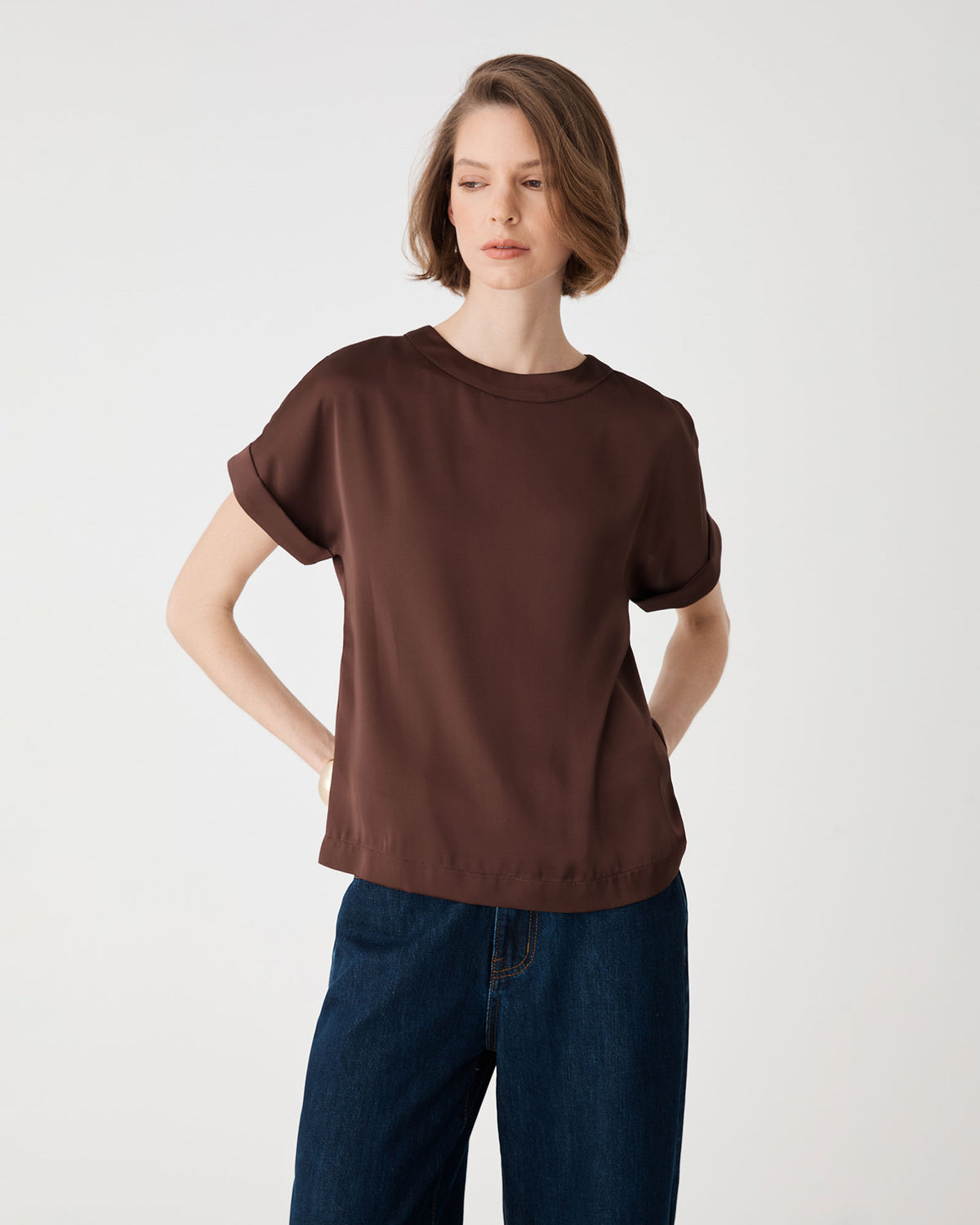 Cameron Satin Tee in fudge — fabric detail