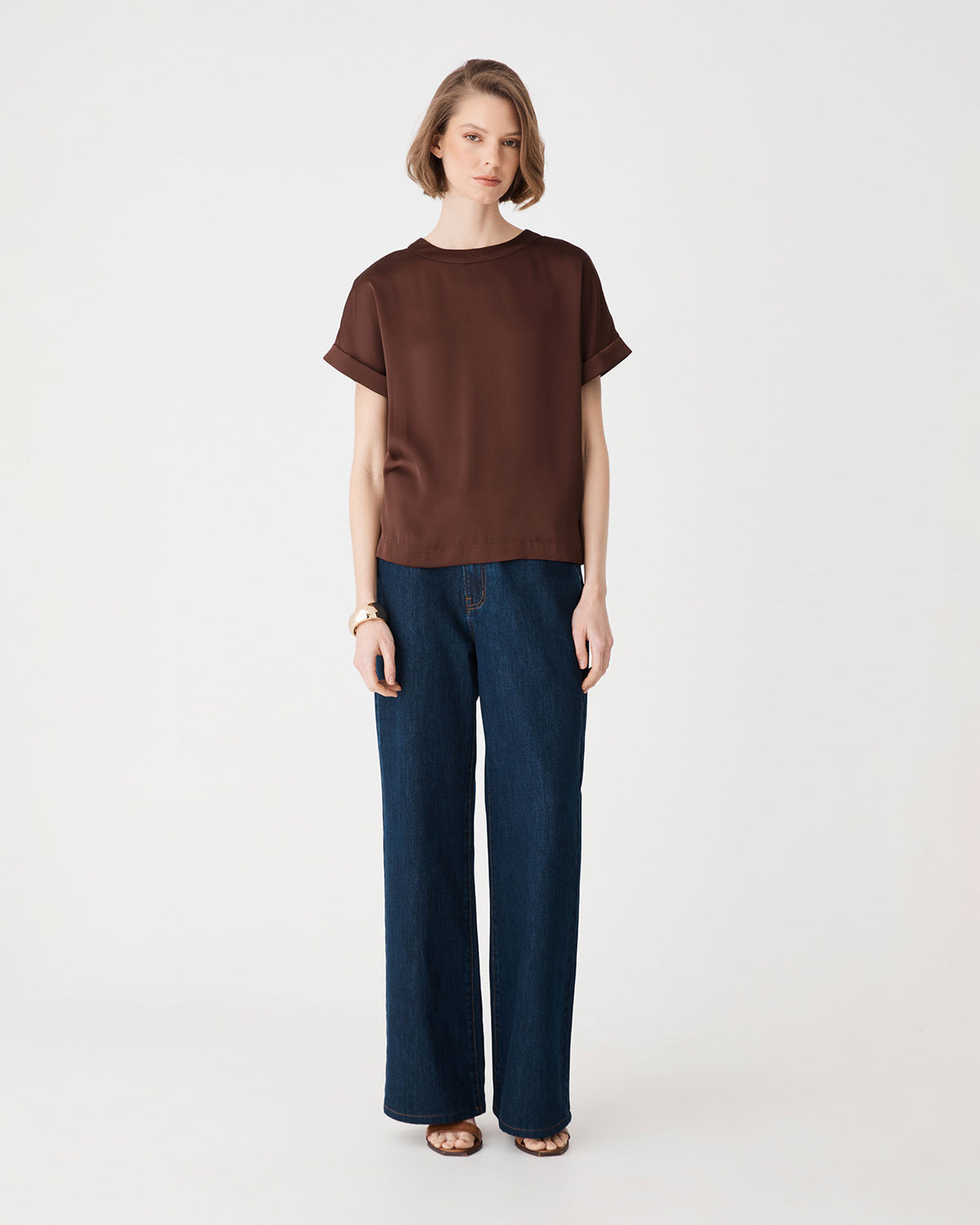 Cameron Satin Tee in fudge — full-length view