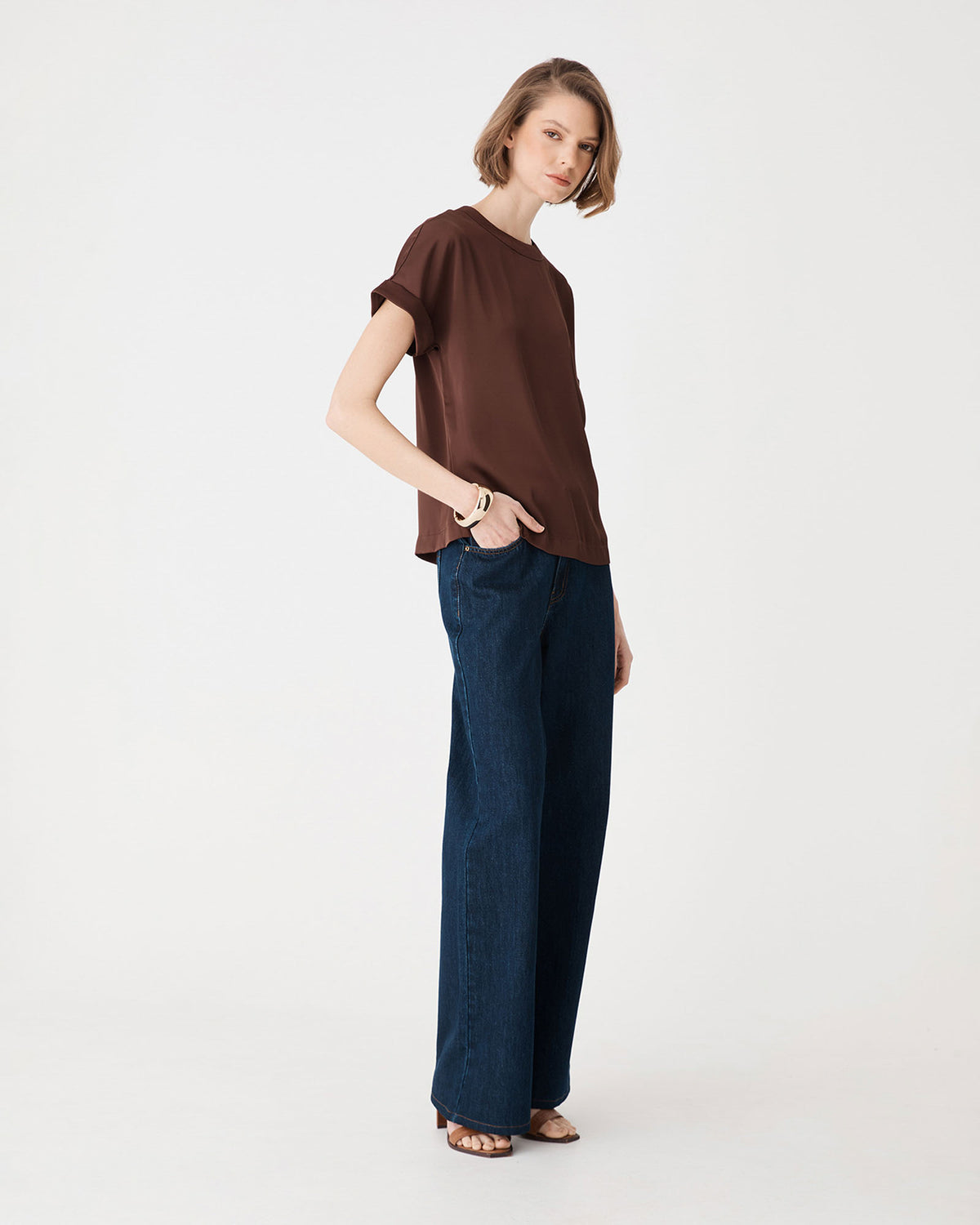Cameron Satin Tee in fudge — side view