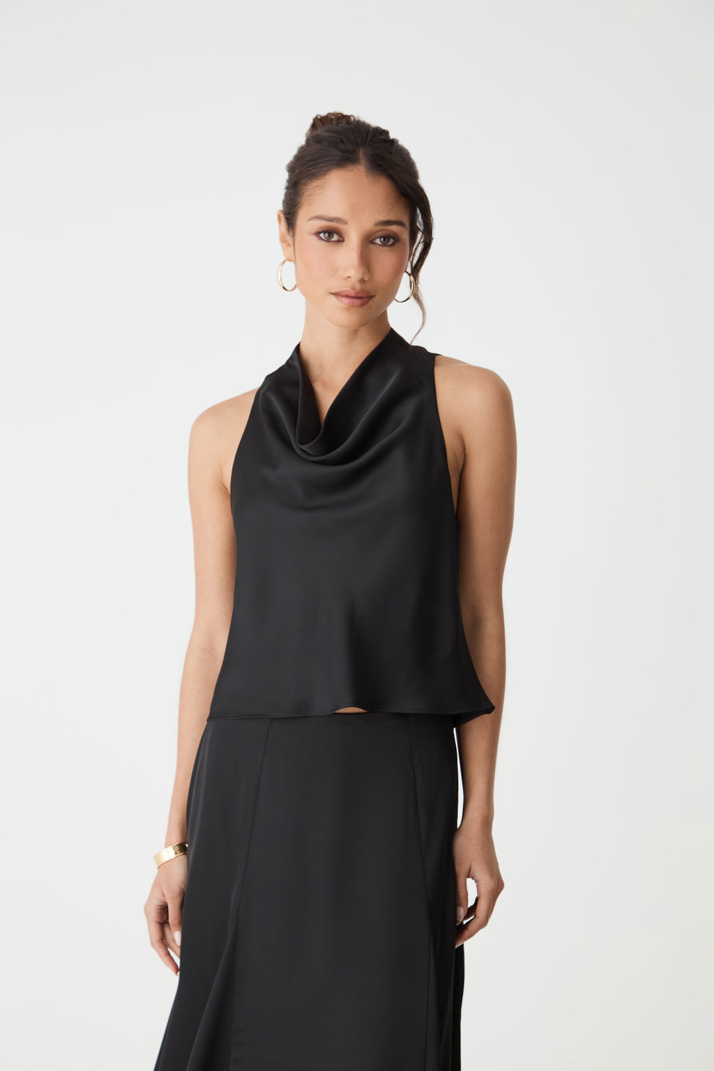 Freya Satin Cowl Top in black — close-up view