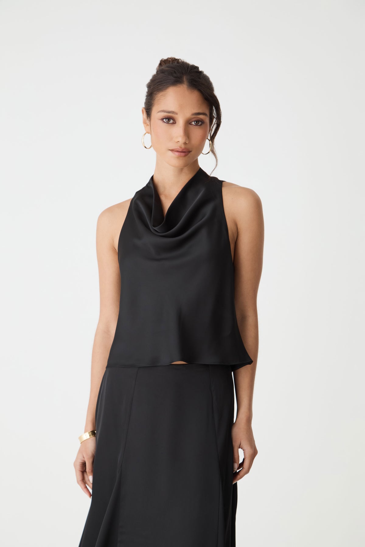 Freya Satin Cowl Top in black — close-up view