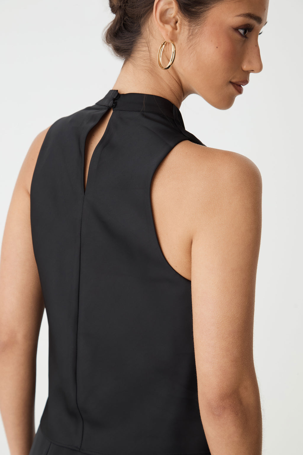 Freya Satin Cowl Top in black — fabric detail