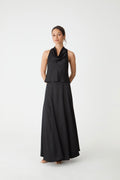 Freya Satin Cowl Top in black — full-length view