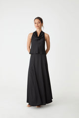 Freya Satin Cowl Top in black — full-length view