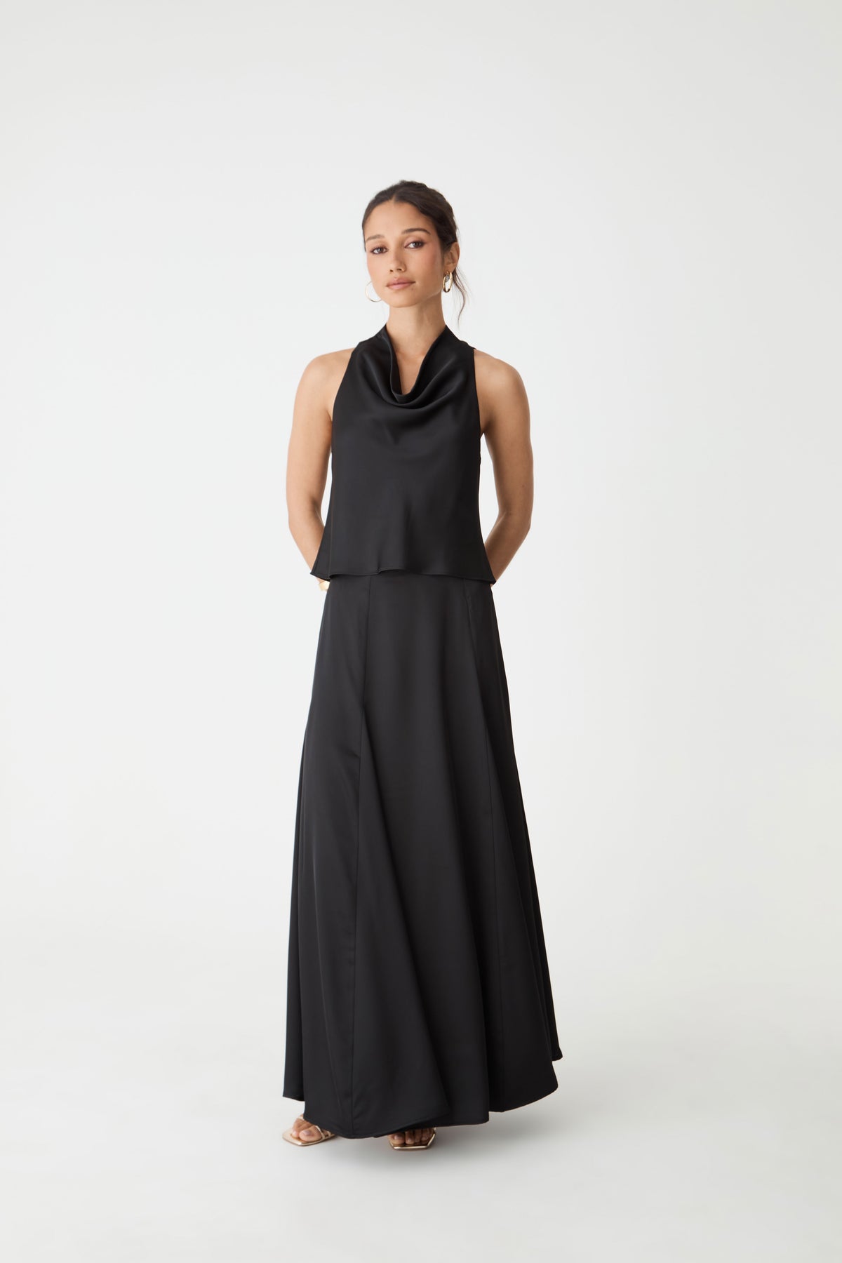 Freya Satin Cowl Top in black — full-length view