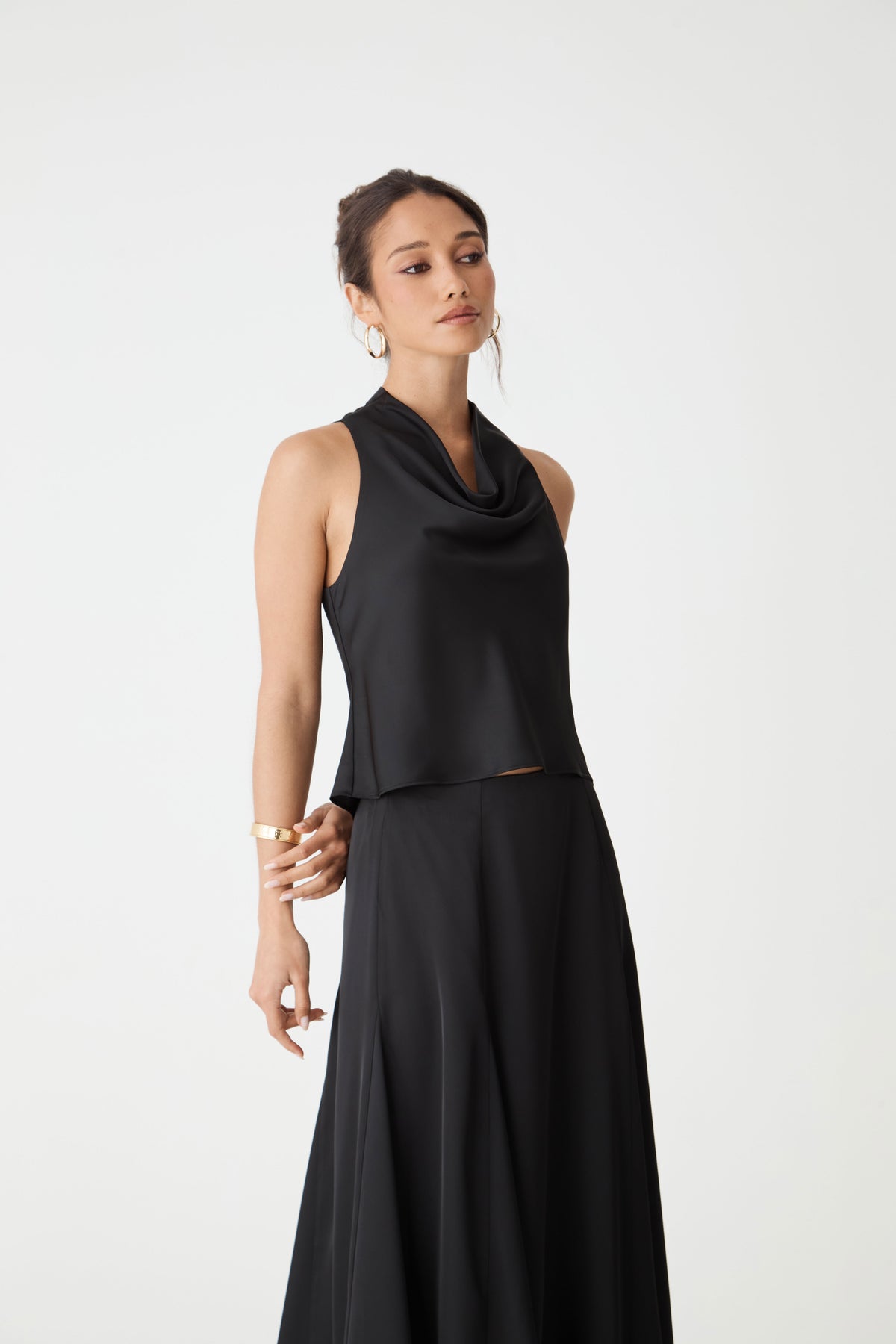 Freya Satin Cowl Top in black — side view