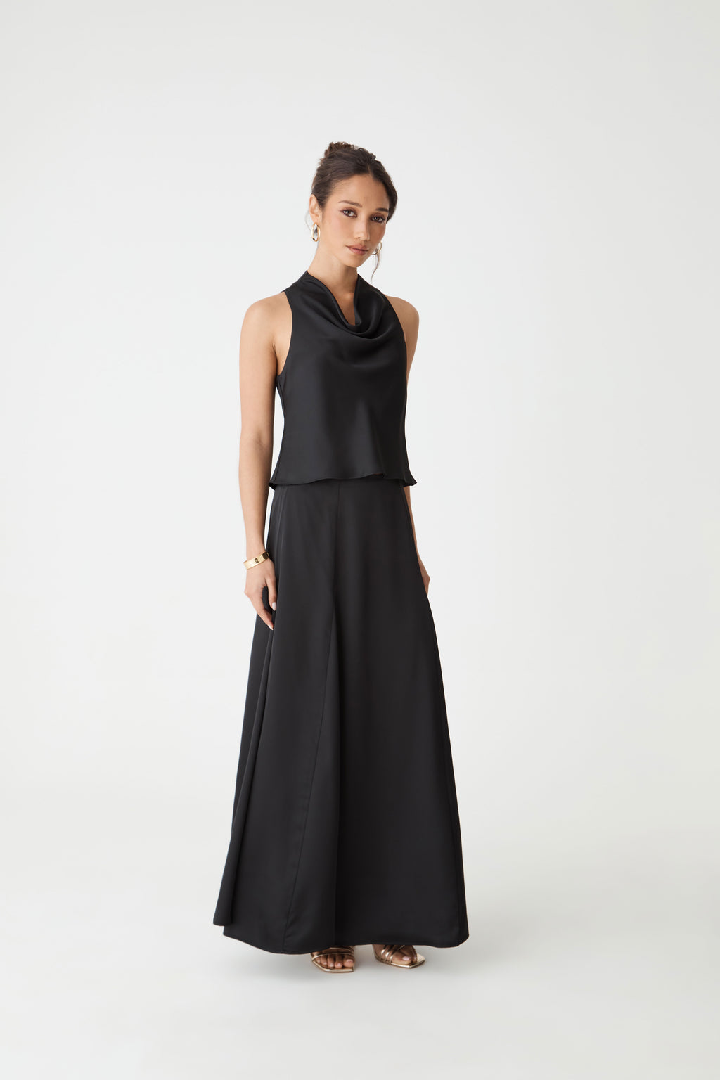 Freya Satin Cowl Top in black — side view 2