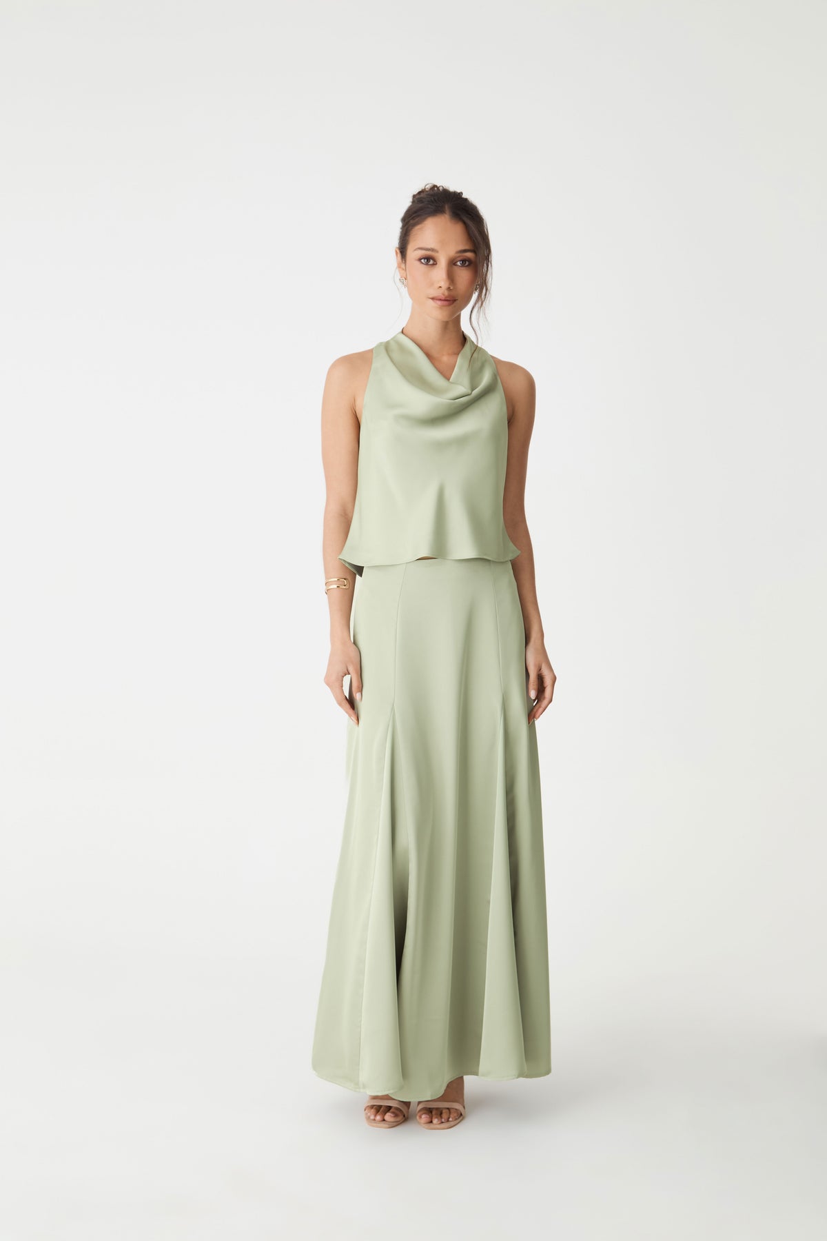 Freya Satin Cowl Top in pistachio — full-length view