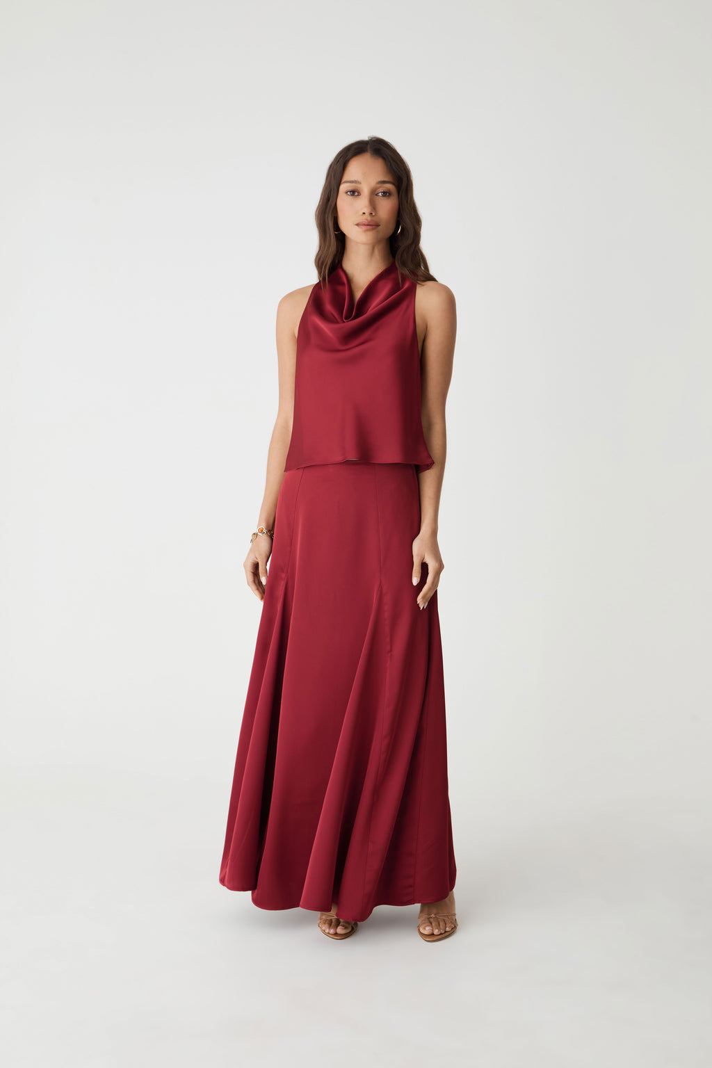 Freya Satin Cowl Top in rhubarb — full-length view
