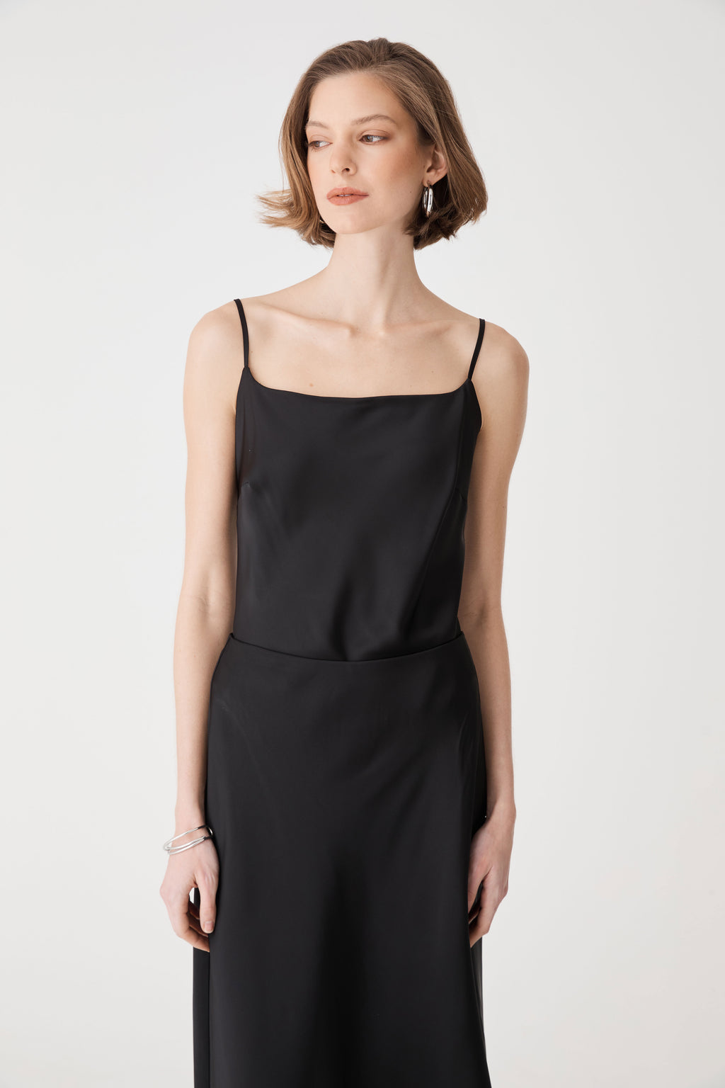 Lindsay Bias Satin Cami in black — close-up view