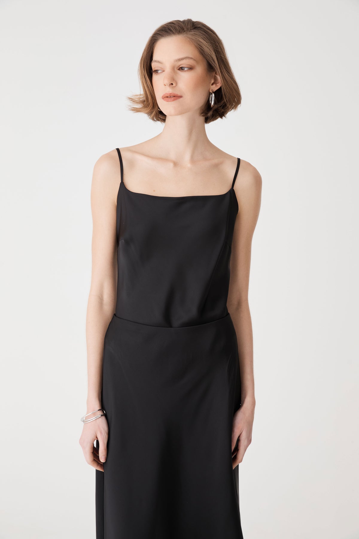 Lindsay Bias Satin Cami in black — close-up view