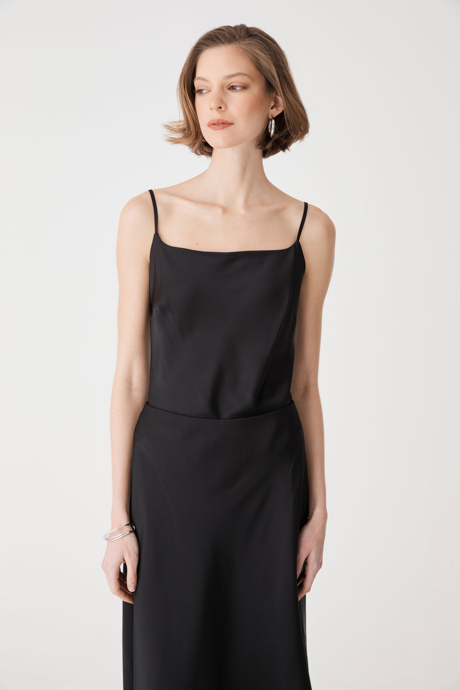 Lindsay Bias Satin Cami in black — close-up view