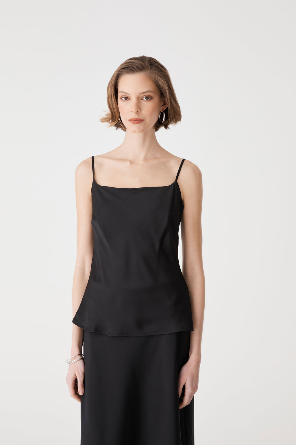 Lindsay Bias Satin Cami in black — fabric detail