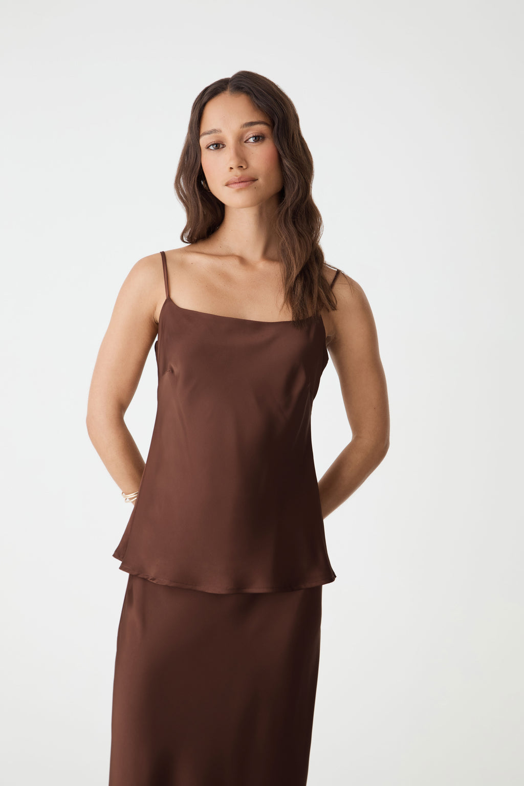 Lindsay Bias Satin Cami in fudge — close-up view