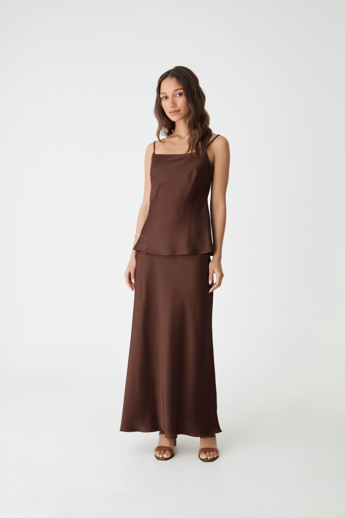 Lindsay Bias Satin Cami in fudge — full-length view