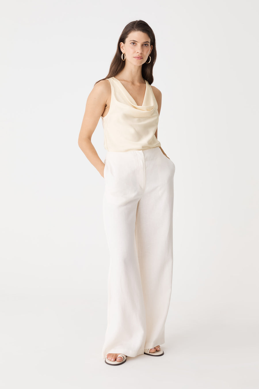 Aurelia Satin Cowl Neck Top in ivory, front view, worn with white wide-leg trousers