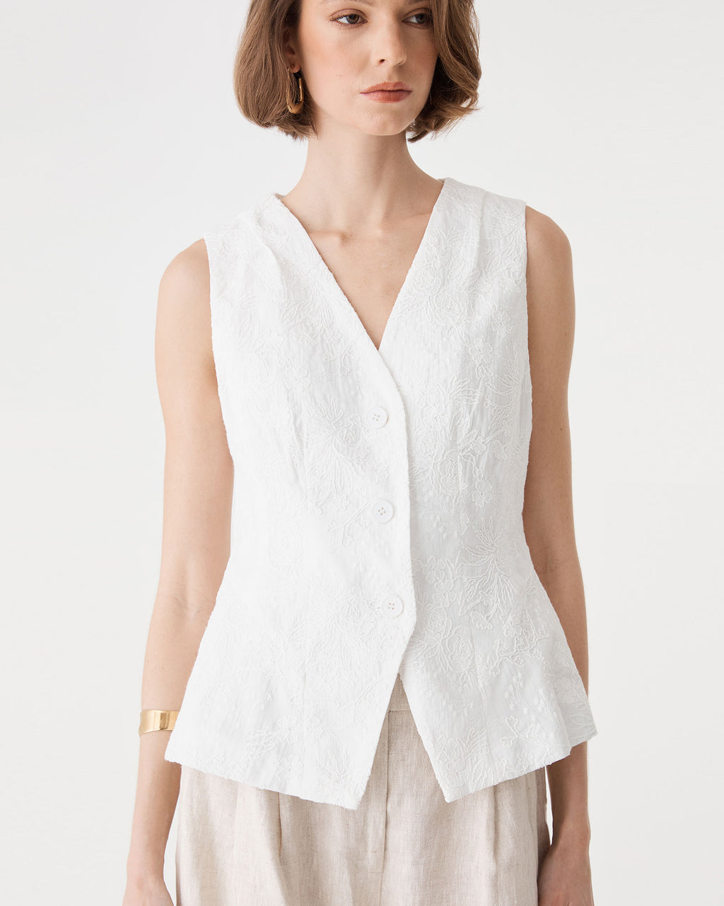 Eloise Embroidered Top in ivory — fabric detail