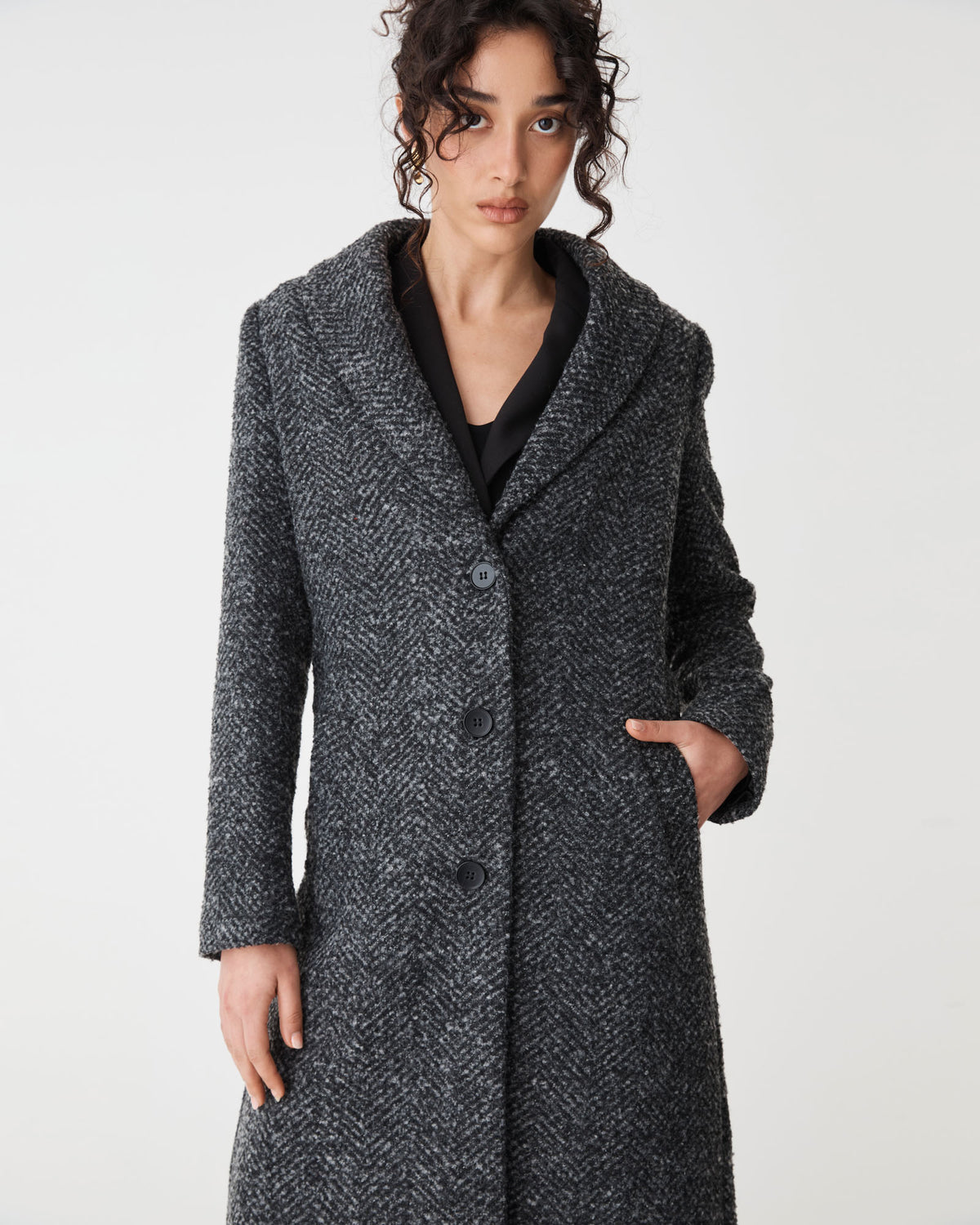 Rory Shawl Collar Coat in grey herringbone — close-up view