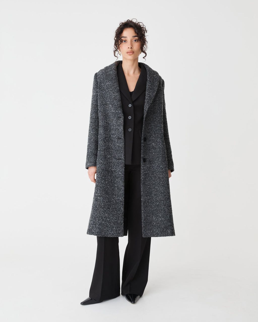 Rory Shawl Collar Coat in grey herringbone — full-length view