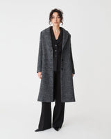 Rory Shawl Collar Coat in grey herringbone — full-length view