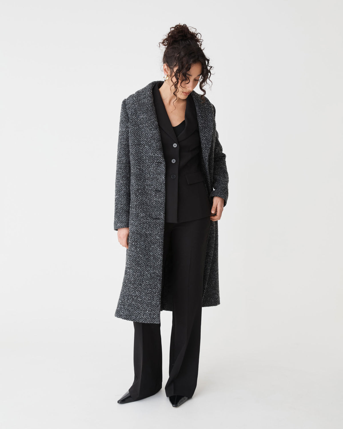Rory Shawl Collar Coat in grey herringbone — full-length view 2