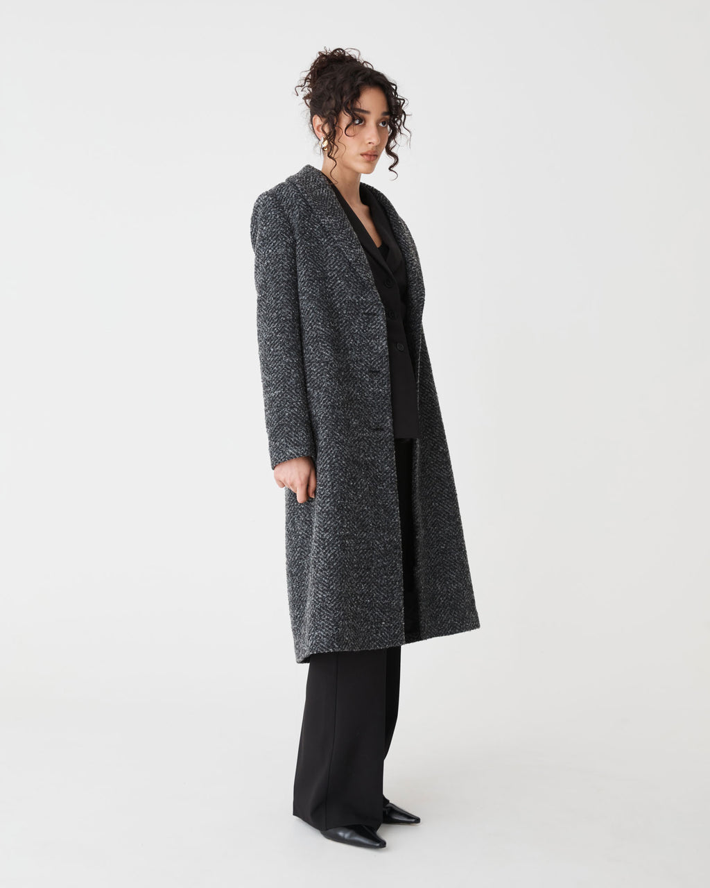 Rory Shawl Collar Coat in grey herringbone — side view