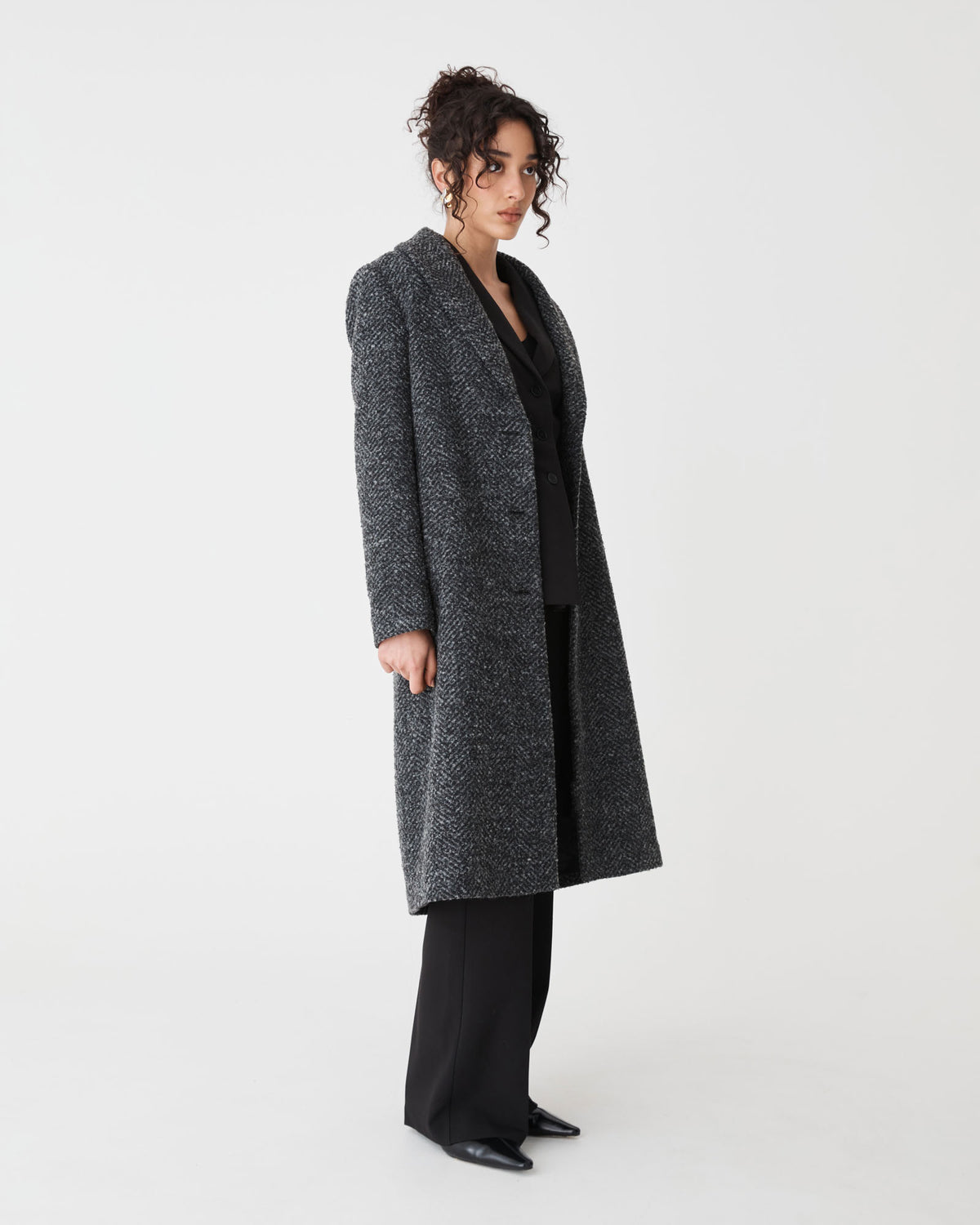 Rory Shawl Collar Coat in grey herringbone — side view