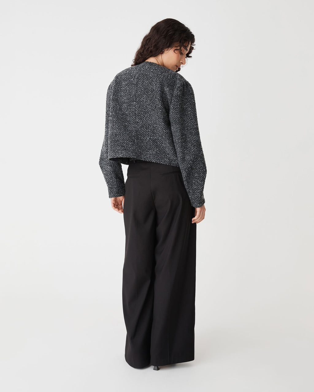 Rory Barrel Sleeve Jacket in grey herringbone — back view