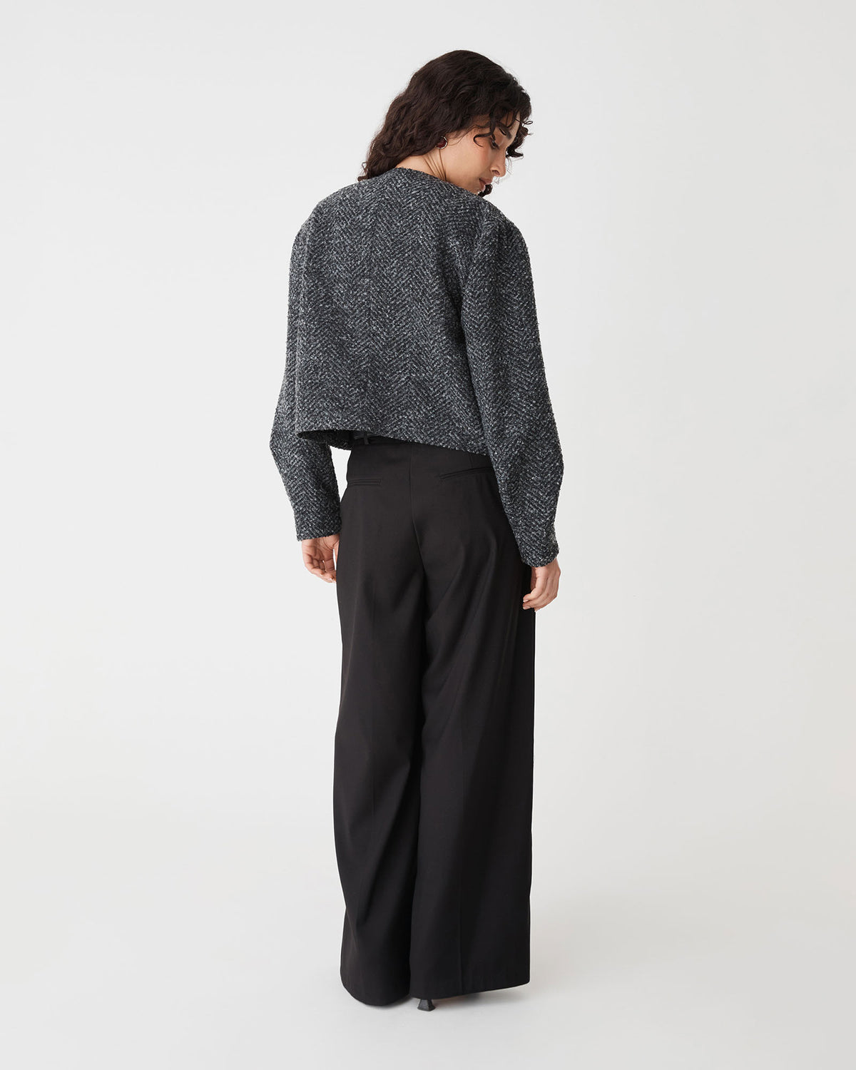Rory Barrel Sleeve Jacket in grey herringbone — back view