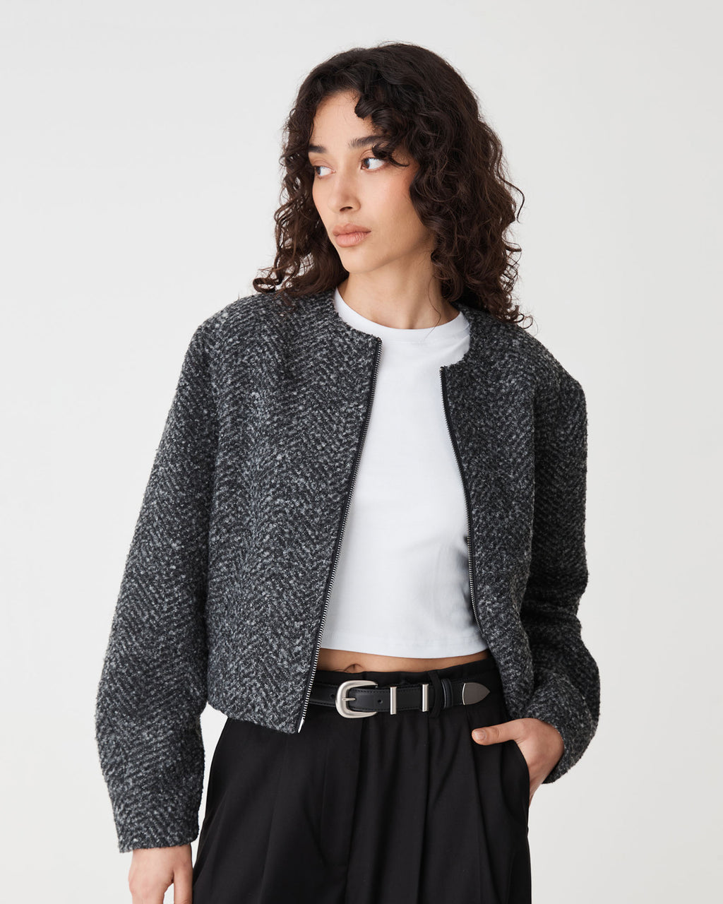 Rory Barrel Sleeve Jacket in grey herringbone — close-up view