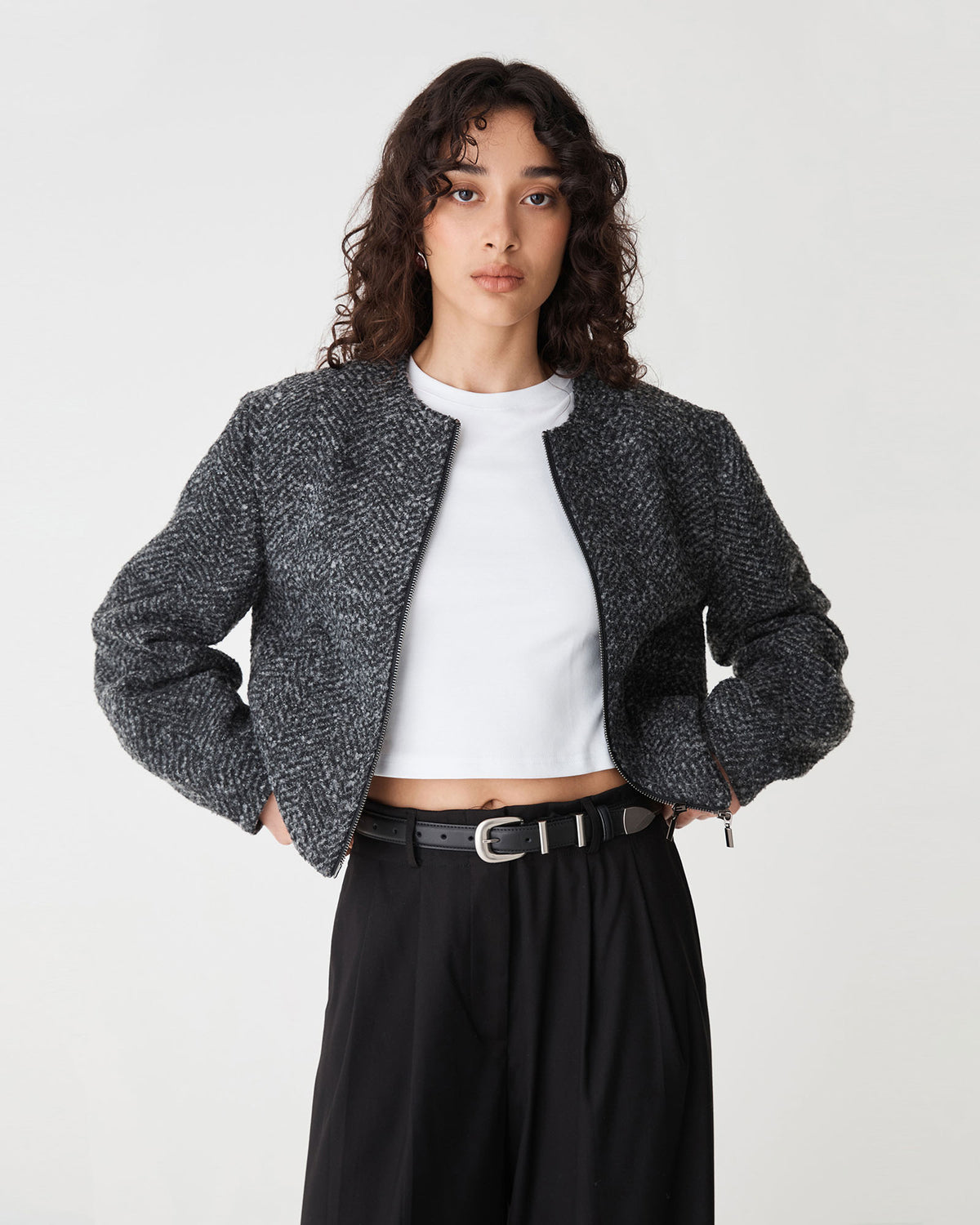 Rory Barrel Sleeve Jacket in grey herringbone — close-up view 2