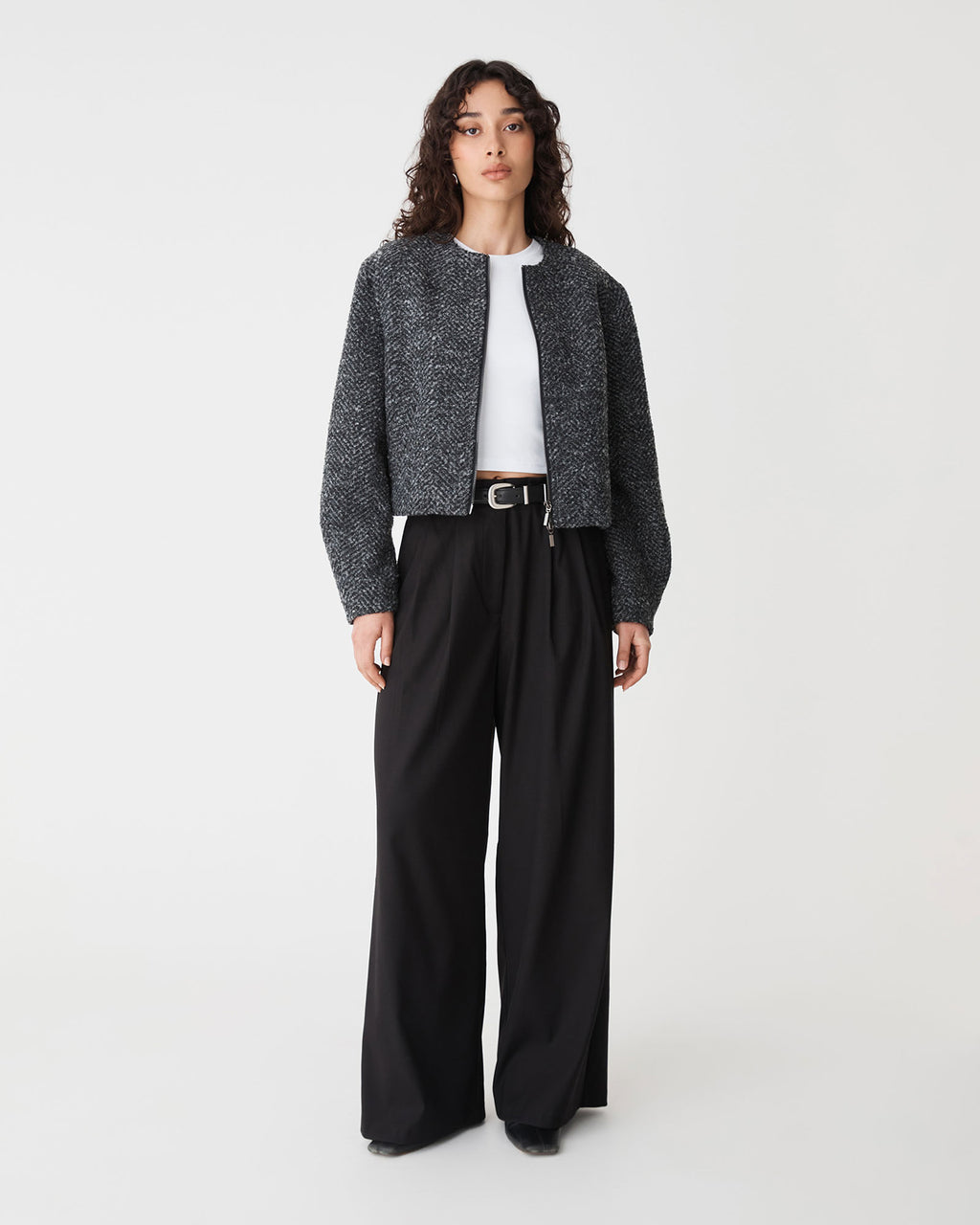 Rory Barrel Sleeve Jacket in grey herringbone — full-length view