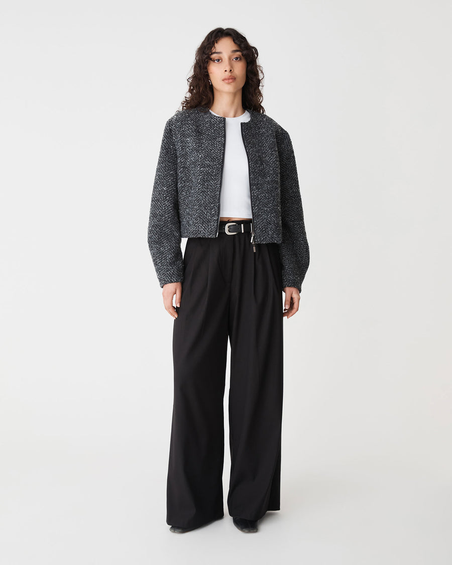 Rory Barrel Sleeve Jacket in grey herringbone — full-length view