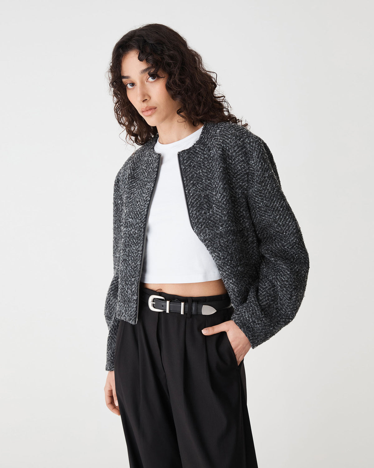 Rory Barrel Sleeve Jacket in grey herringbone — side view