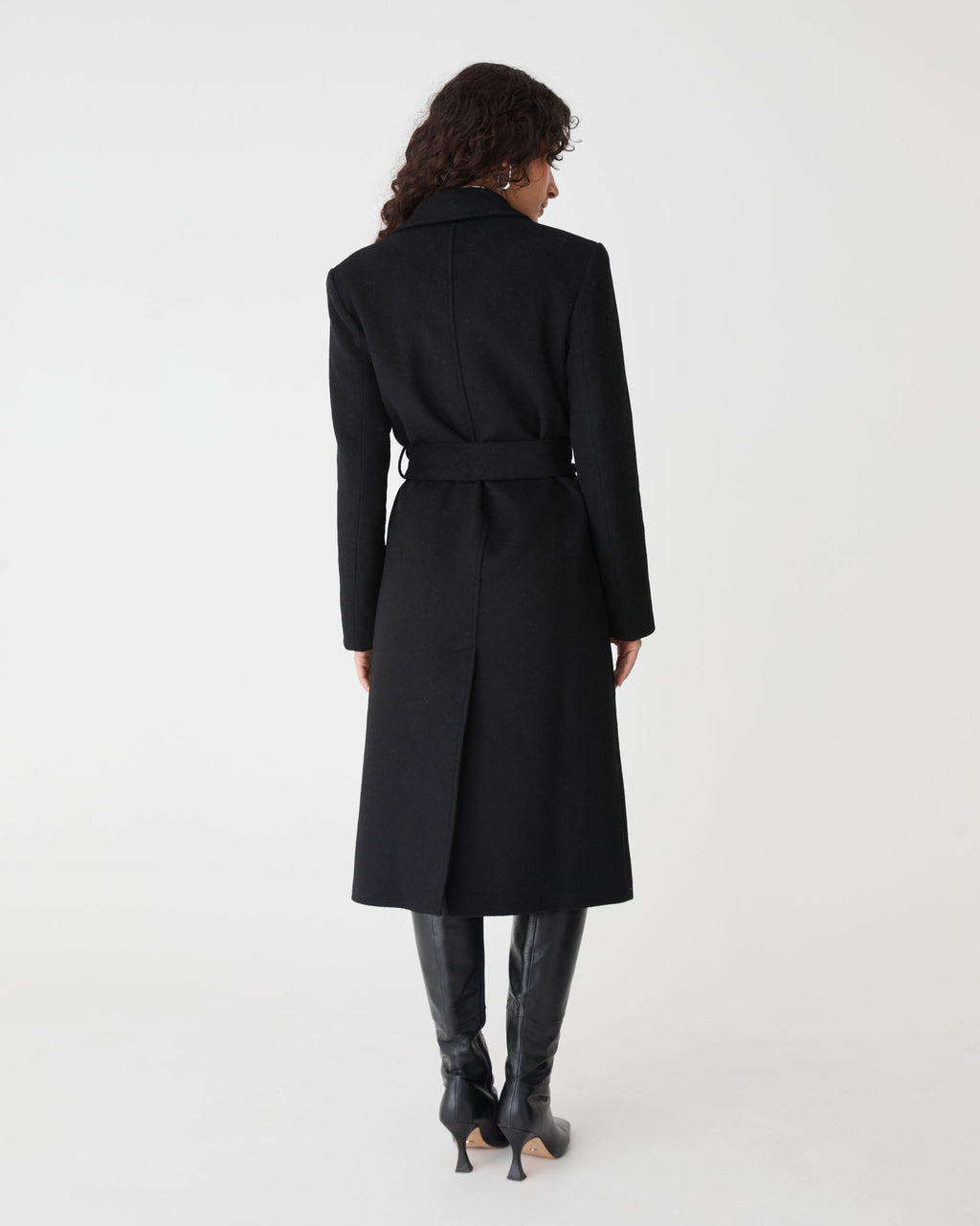 Orla Wool Blend Tie Waist Coat in black — back view
