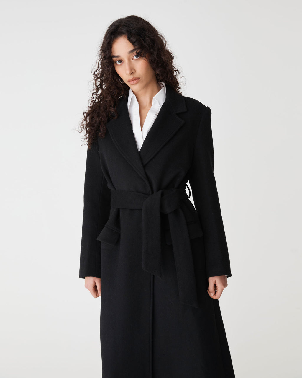 Orla Wool Blend Tie Waist Coat in black — close-up view