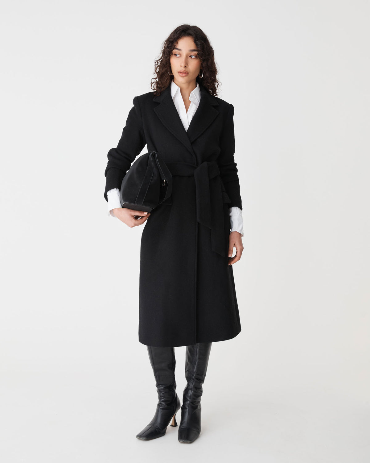 Orla Wool Blend Tie Waist Coat in black — full-length view