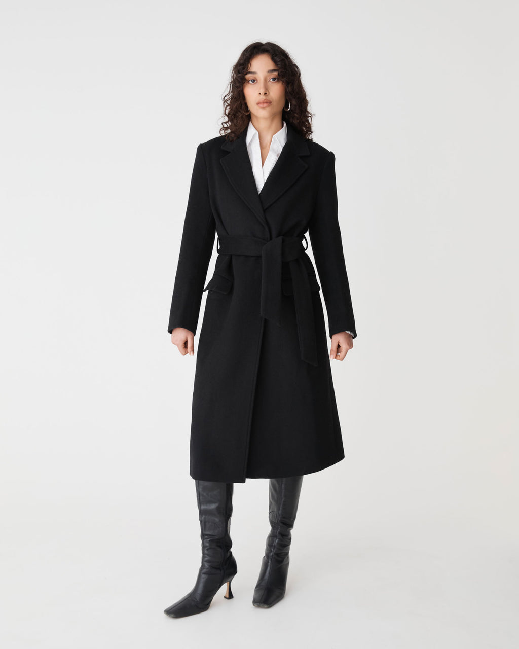 Orla Wool Blend Tie Waist Coat in black — full-length view 2