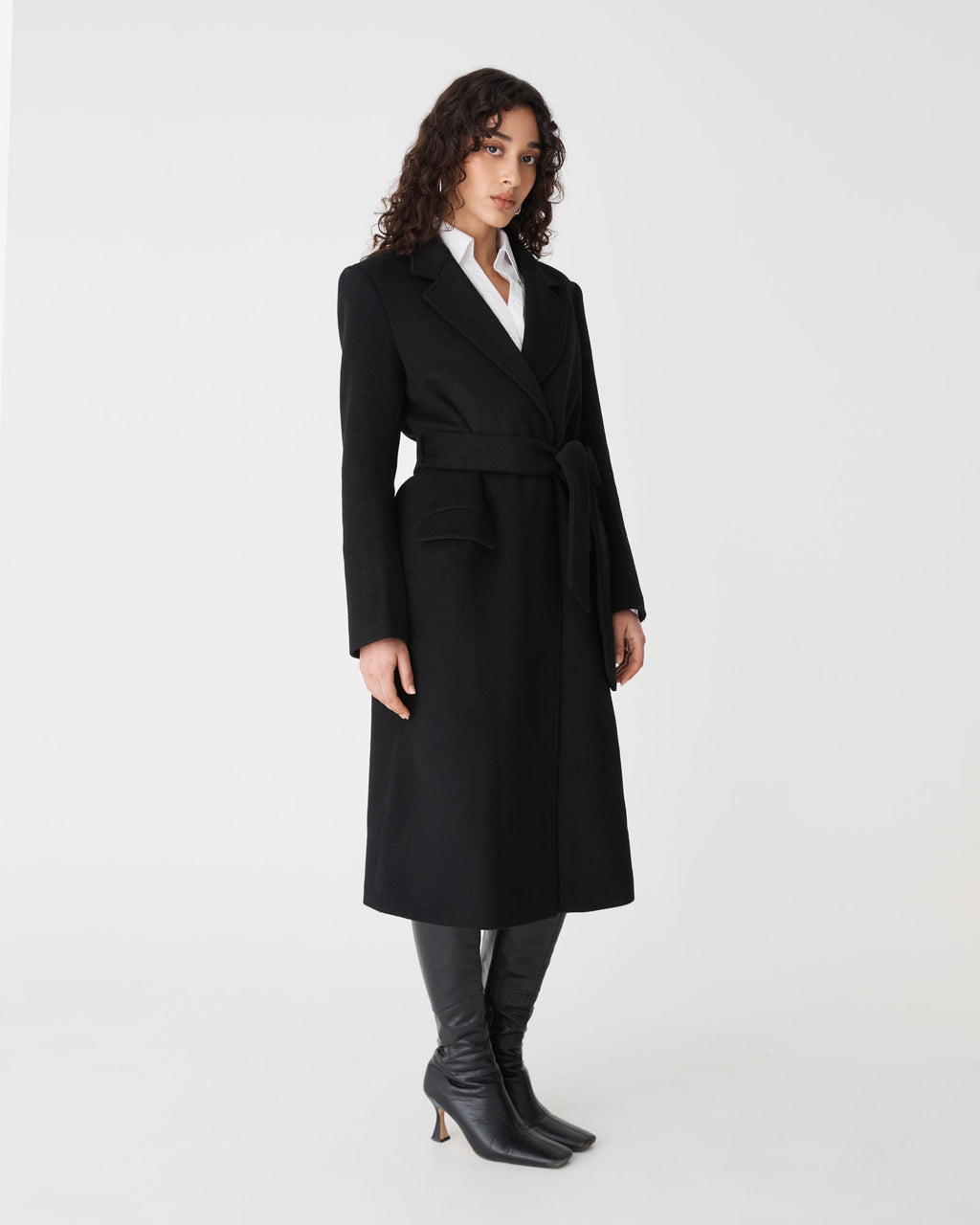 Orla Wool Blend Tie Waist Coat in black — side view