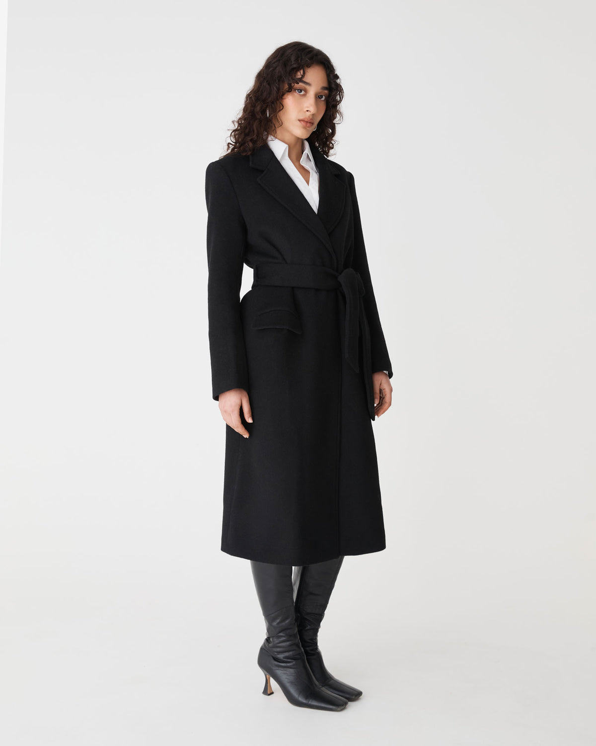 Orla Wool Blend Tie Waist Coat in black — side view