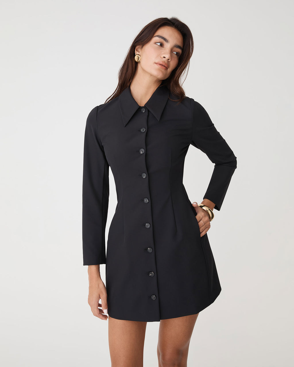 Thea Button Mini Dress in black — close-up view