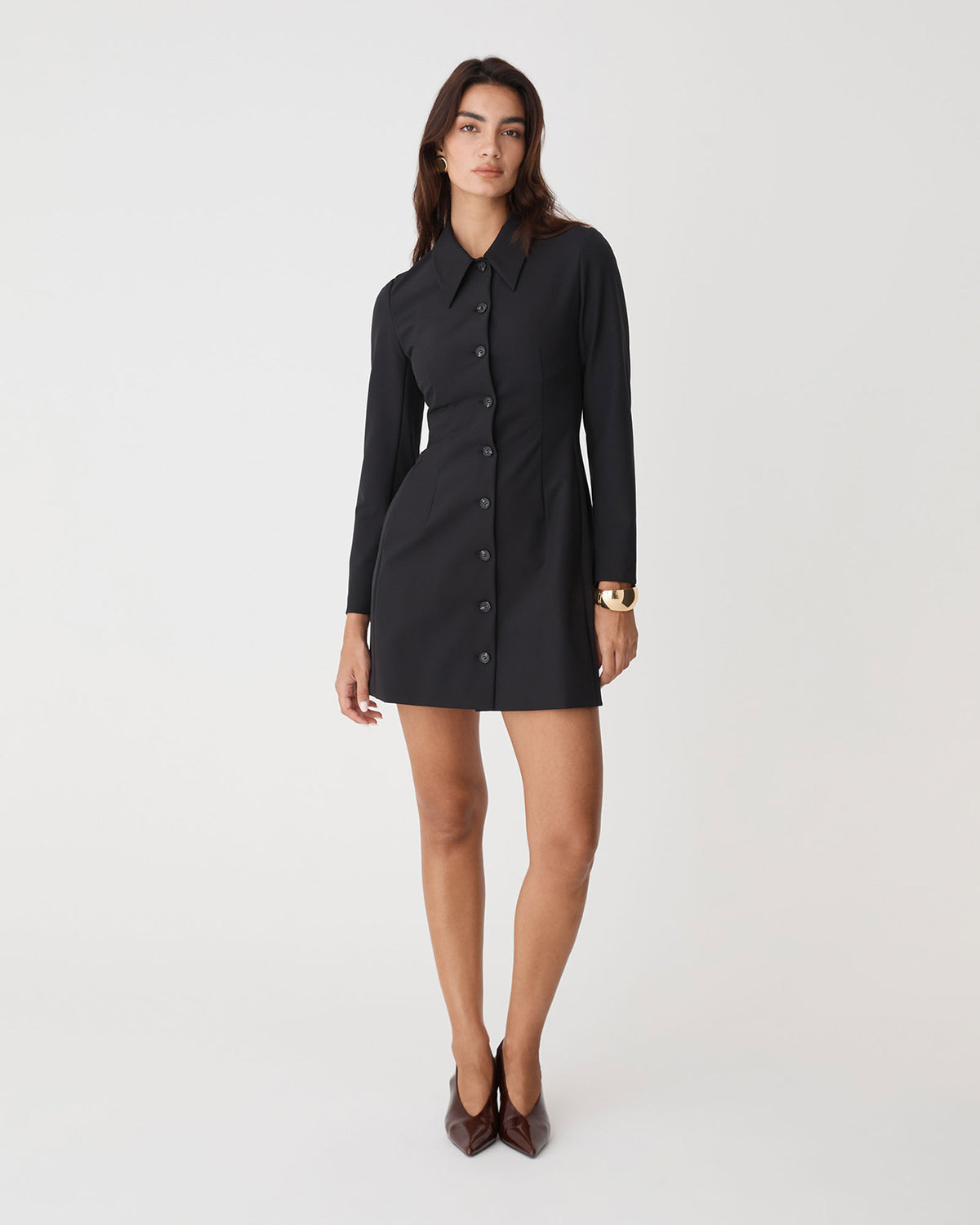 Thea Button Mini Dress in black — full-length view
