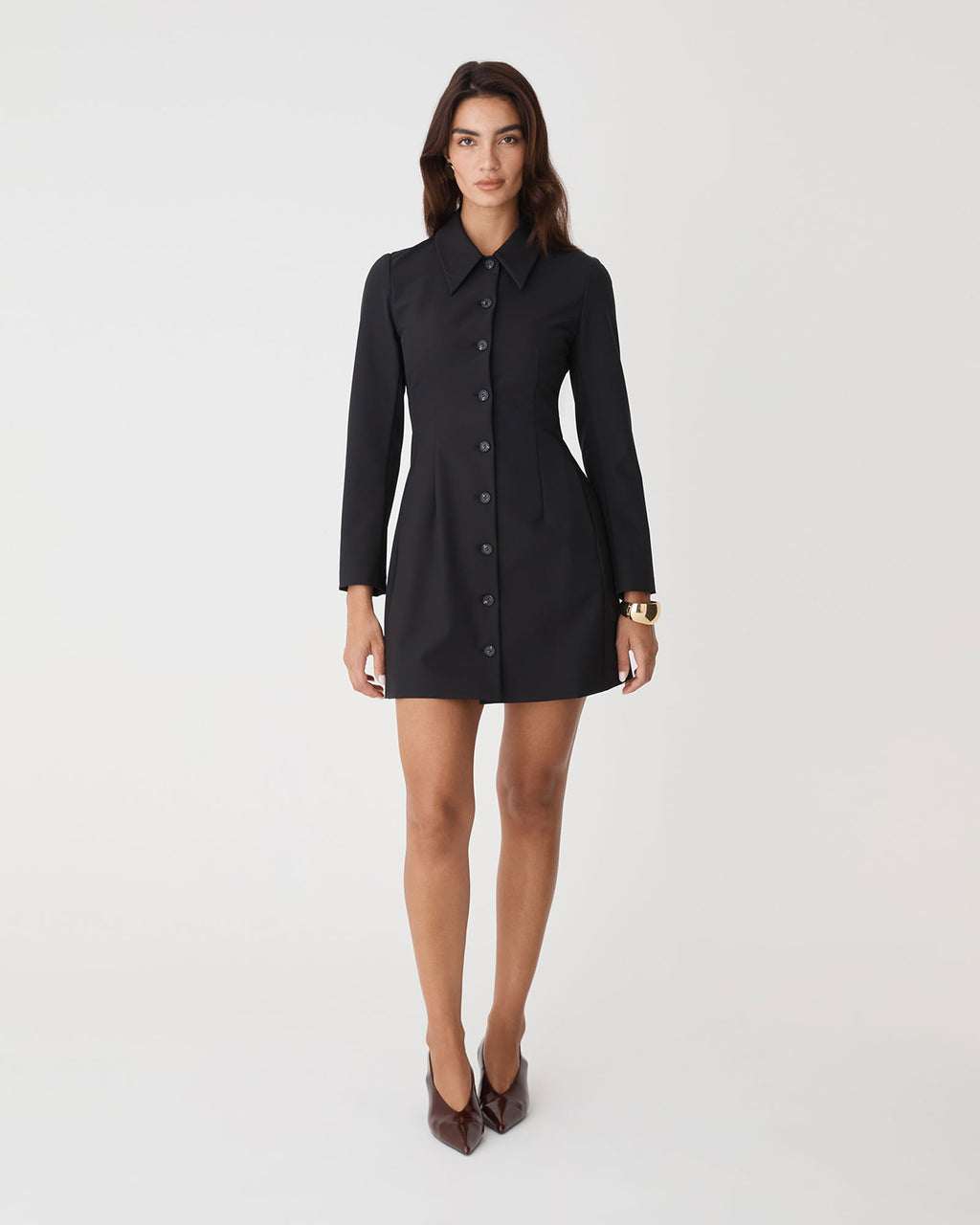 Thea Button Mini Dress in black — full-length view 2