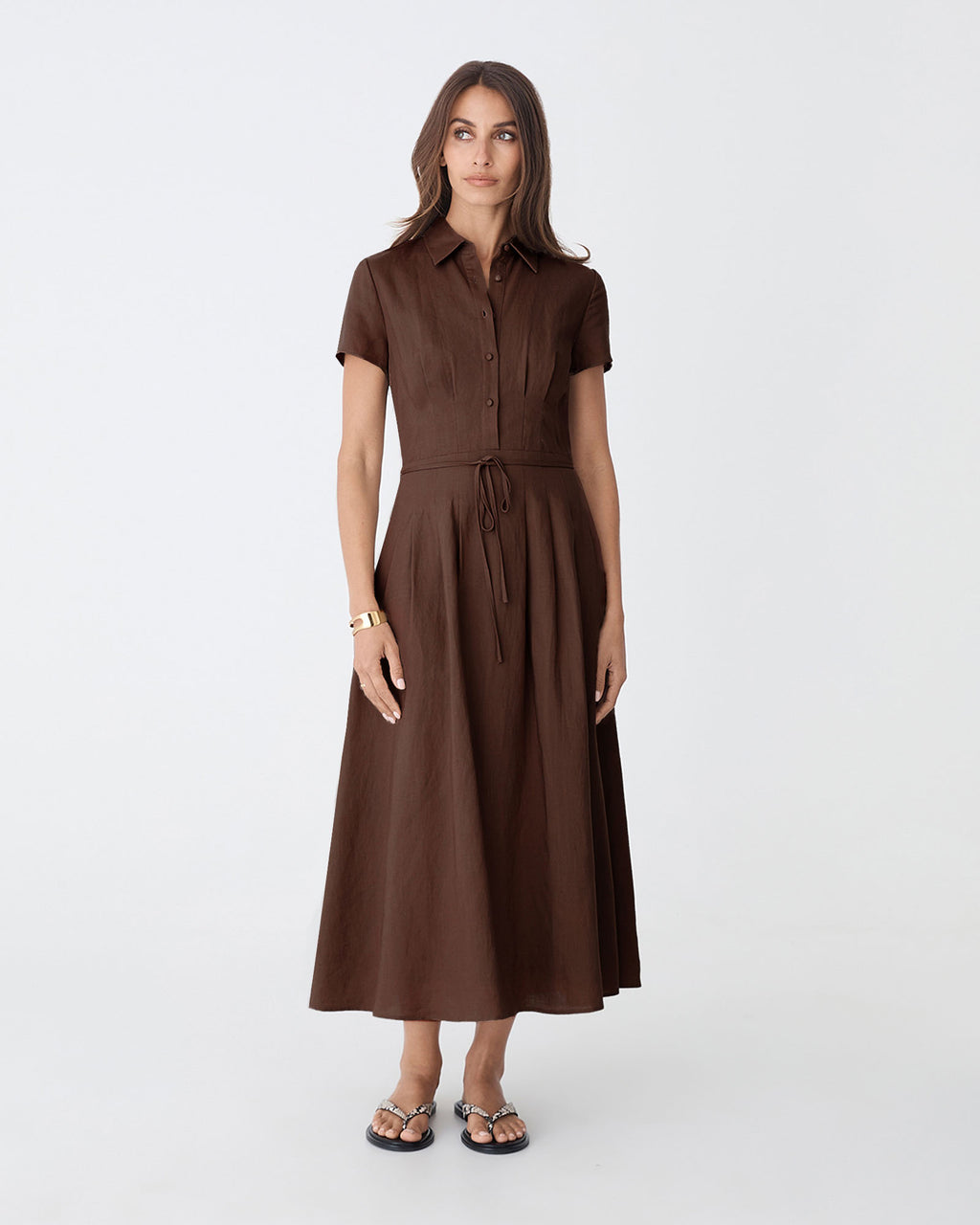 Sophie Pleat Waist Linen Dress in chocolate — full-length view