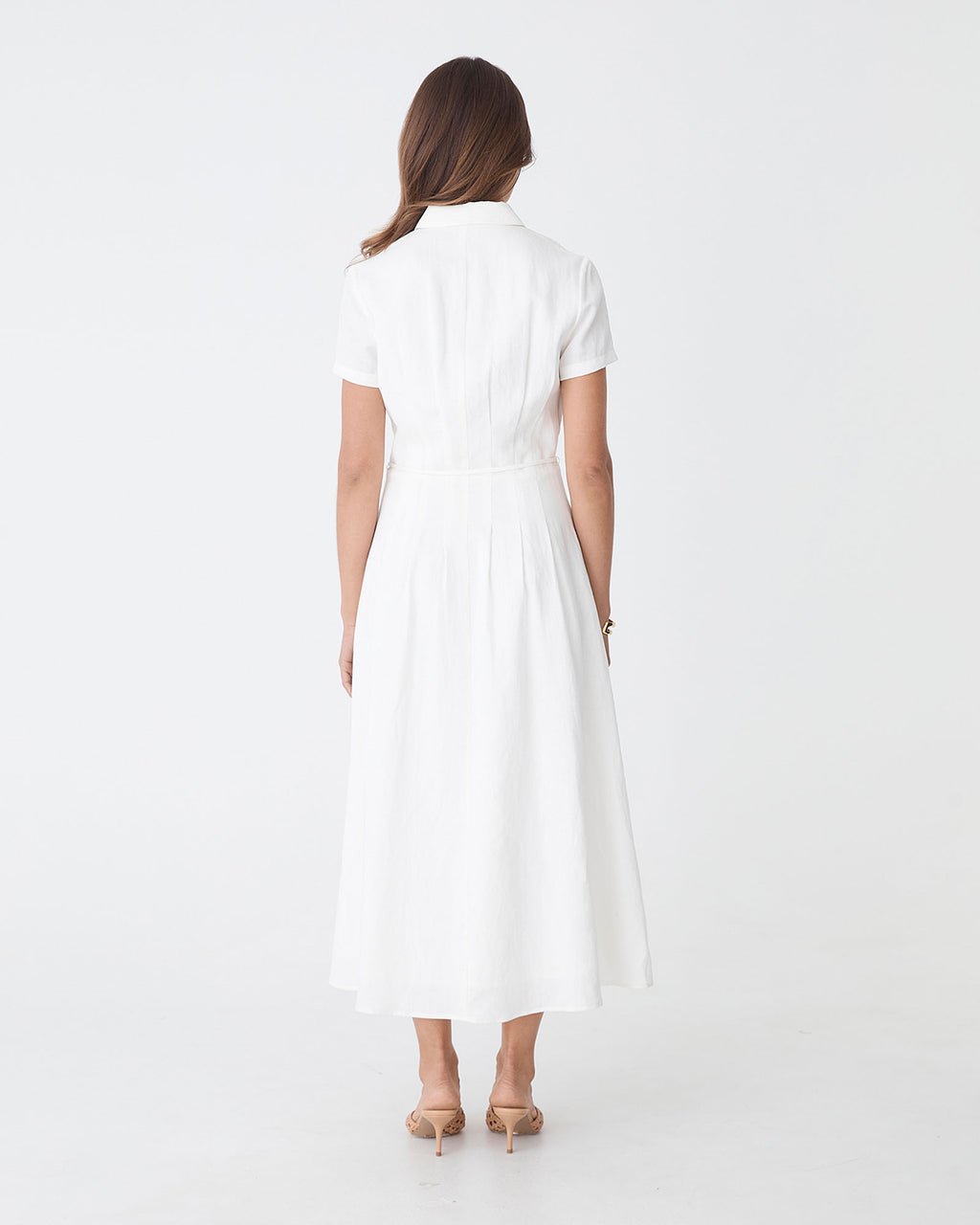 Sophie Pleat Waist Linen Dress in ivory — back view