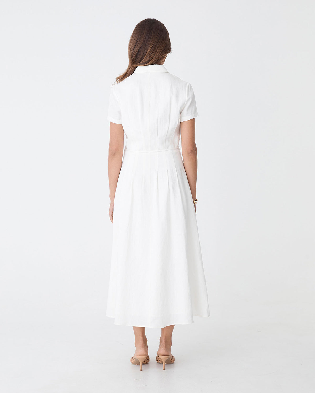 Sophie Pleat Waist Linen Dress in ivory — back view