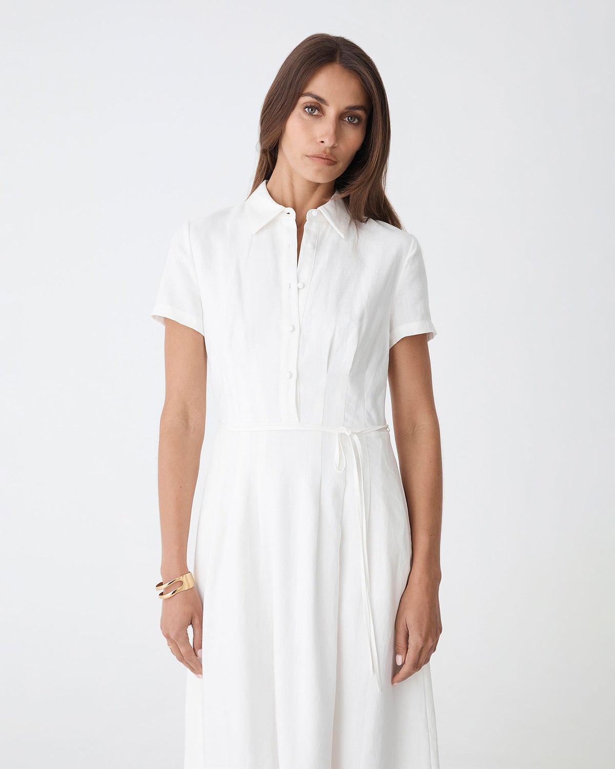 Sophie Pleat Waist Linen Dress in ivory — close-up view